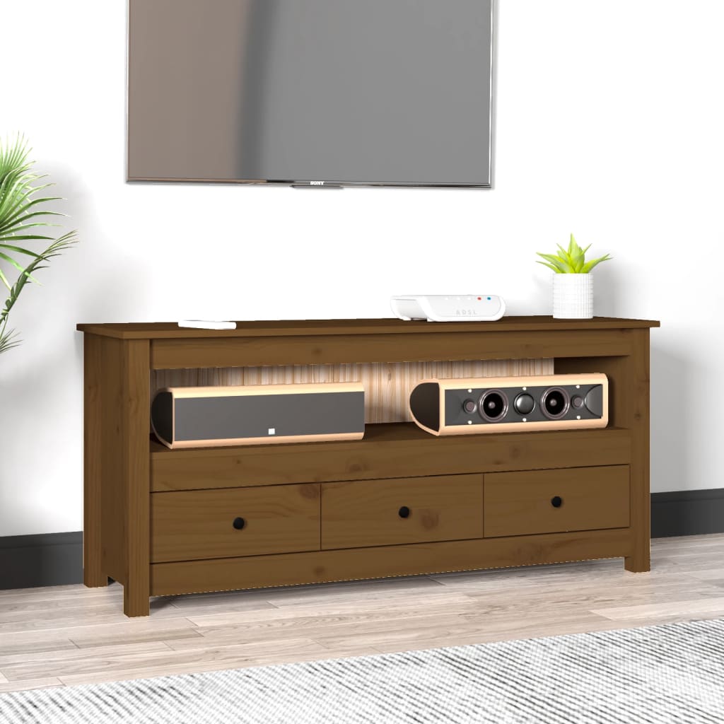 vidaXL Comodă TV, maro miere, 114x35x52 cm, lemn masiv de pin vidaXL Comodă TV, maro miere, 114x35x52 cm, lemn masiv de pin