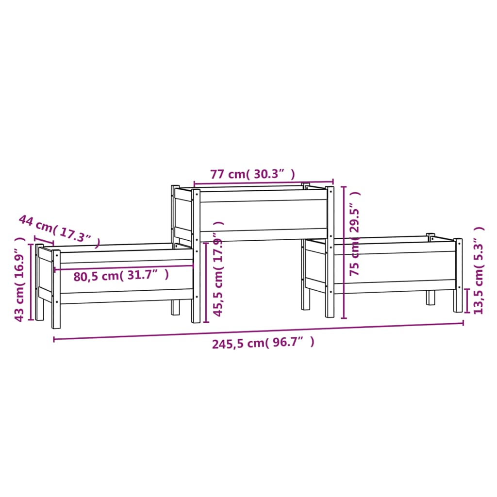 vidaXL Jardinieră, gri , 245,5x44x75 cm, lemn masiv de pin