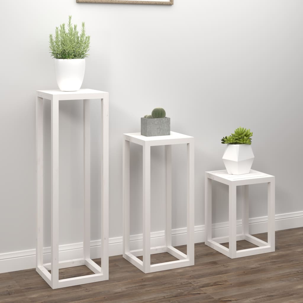 vidaXL Set suport de plante, 3 piese, alb, lemn masiv de pin vidaXL Set suport de plante, 3 piese, alb, lemn masiv de pin