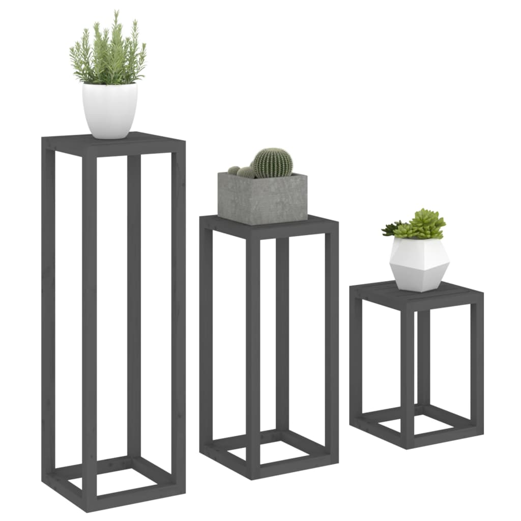 vidaXL Set suport de plante, 3 piese, gri, lemn masiv de pin vidaXL Set suport de plante, 3 piese, gri, lemn masiv de pin