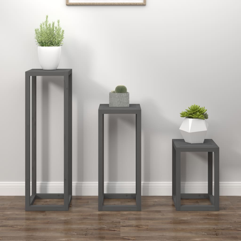 vidaXL Set suport de plante, 3 piese, gri, lemn masiv de pin vidaXL Set suport de plante, 3 piese, gri, lemn masiv de pin