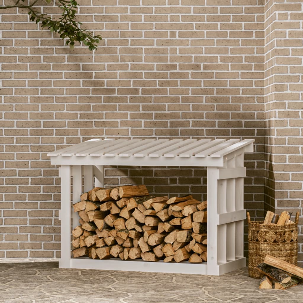 vidaXL Rastel pentru lemne de foc, alb, 108x64,5x77 cm, lemn masiv pin vidaXL Rastel pentru lemne de foc, alb, 108x64,5x77 cm, lemn masiv pin