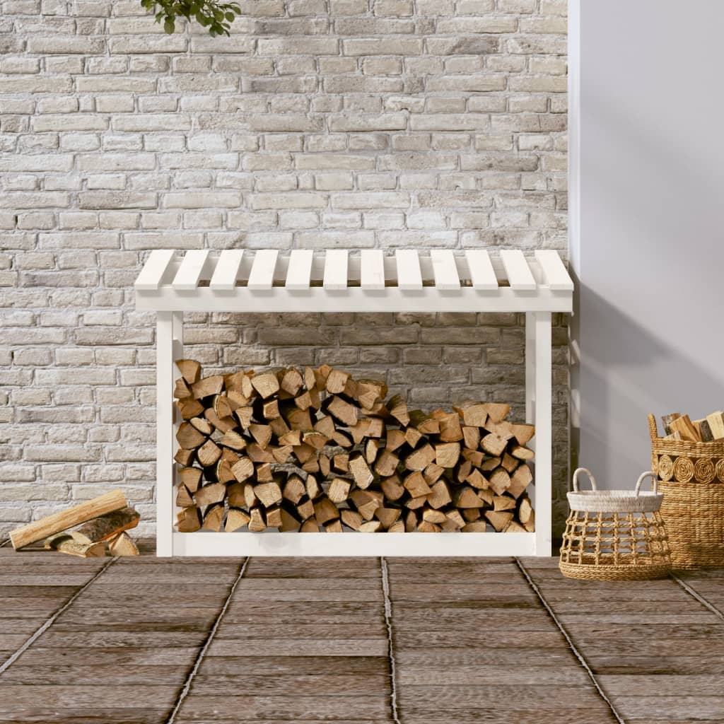 vidaXL Rastel pentru lemne de foc, alb, 108x64,5x78 cm, lemn masiv pin vidaXL Rastel pentru lemne de foc, alb, 108x64,5x78 cm, lemn masiv pin