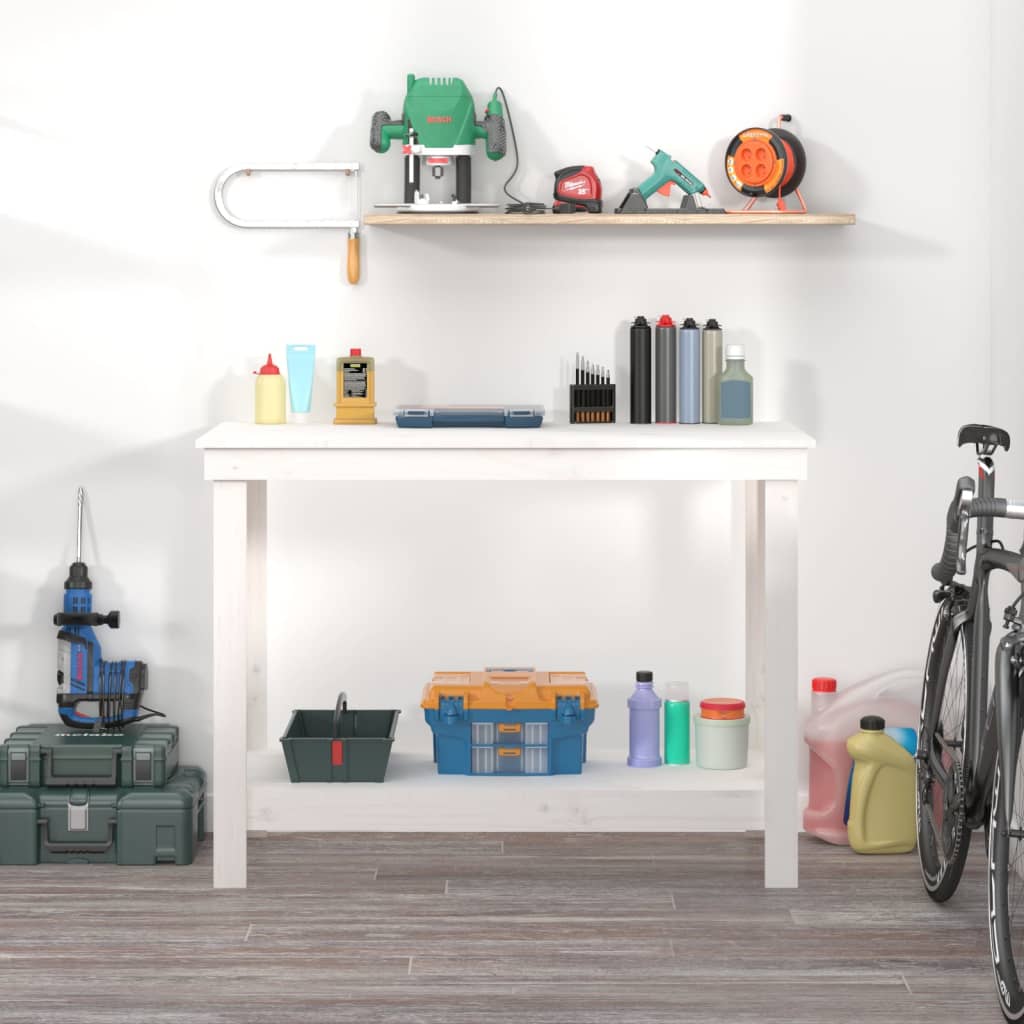 vidaXL Banc de lucru, alb, 110x50x80 cm, lemn masiv pin vidaXL Banc de lucru, alb, 110x50x80 cm, lemn masiv pin