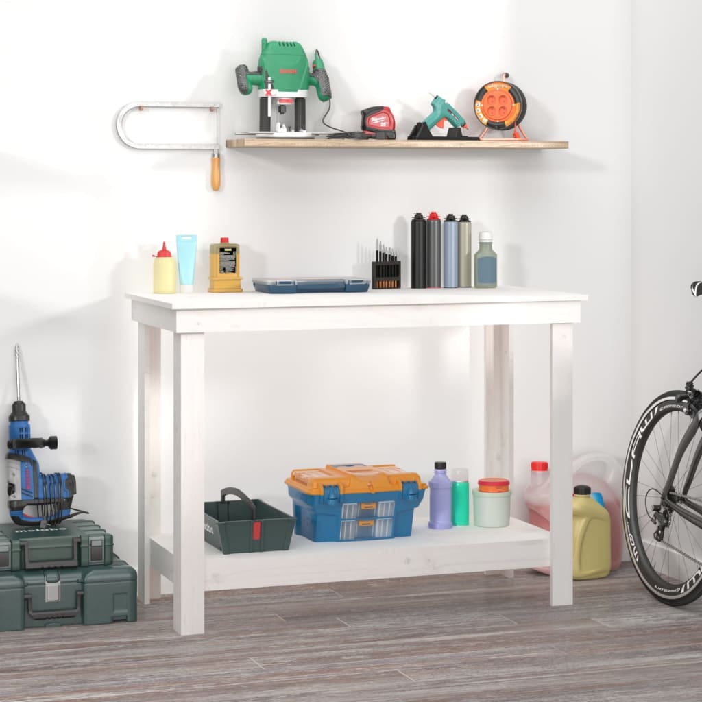 vidaXL Banc de lucru, alb, 110x50x80 cm, lemn masiv pin vidaXL Banc de lucru, alb, 110x50x80 cm, lemn masiv pin