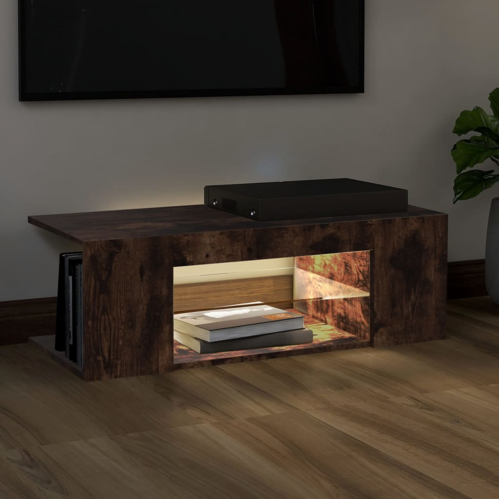 vidaXL Comodă TV cu lumini LED, stejar fumuriu, 90x39x30 cm