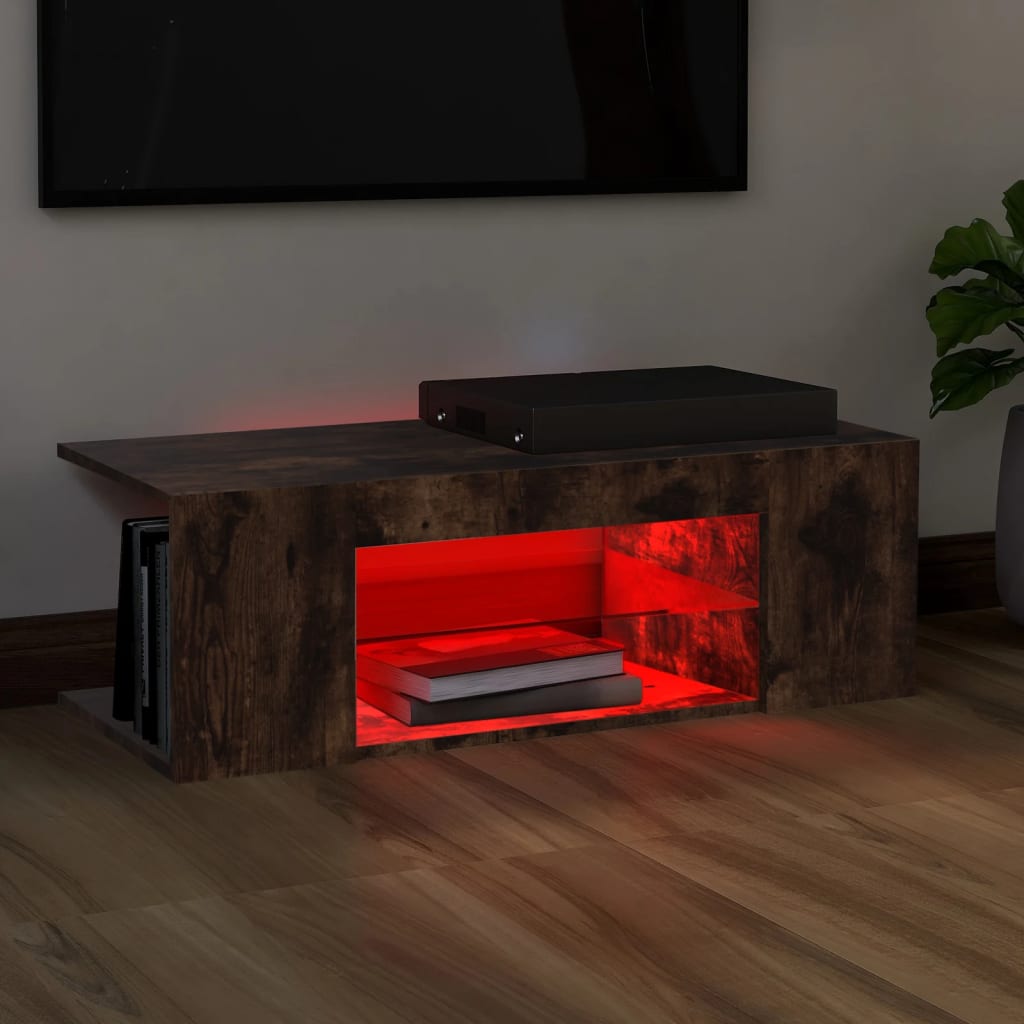 vidaXL Comodă TV cu lumini LED, stejar fumuriu, 90x39x30 cm