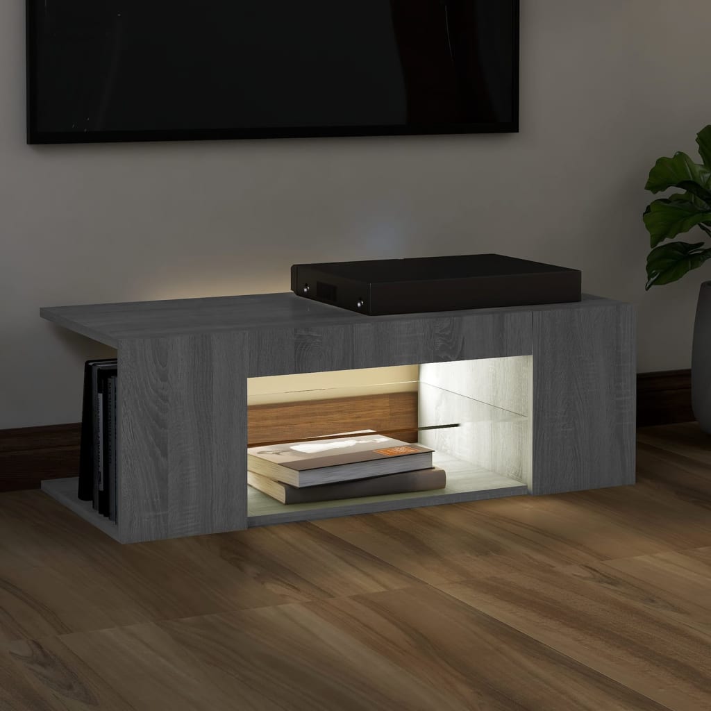 vidaXL Comodă TV cu lumini LED, gri sonoma, 90x39x30 cm vidaXL Comodă TV cu lumini LED, gri sonoma, 90x39x30 cm