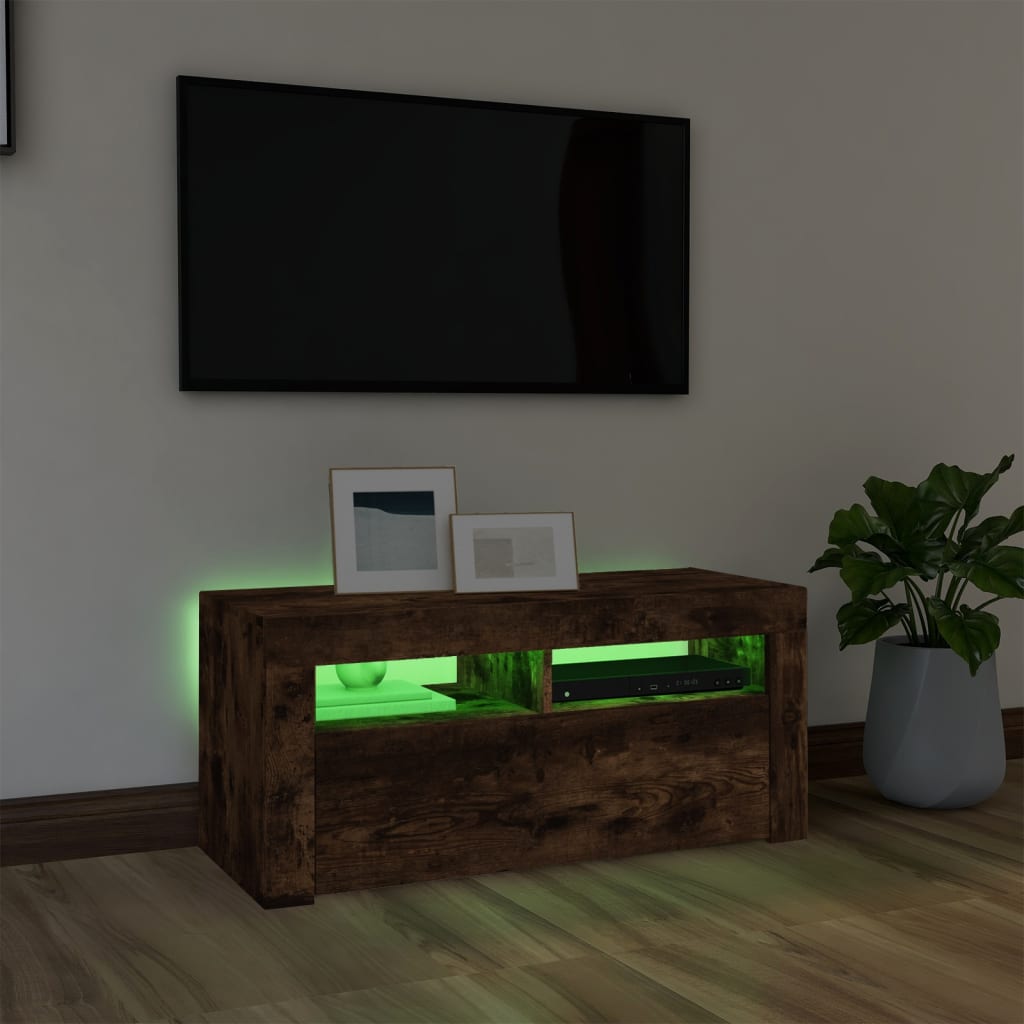 vidaXL Comodă TV cu lumini LED, stejar fumuriu, 90x35x40 cm