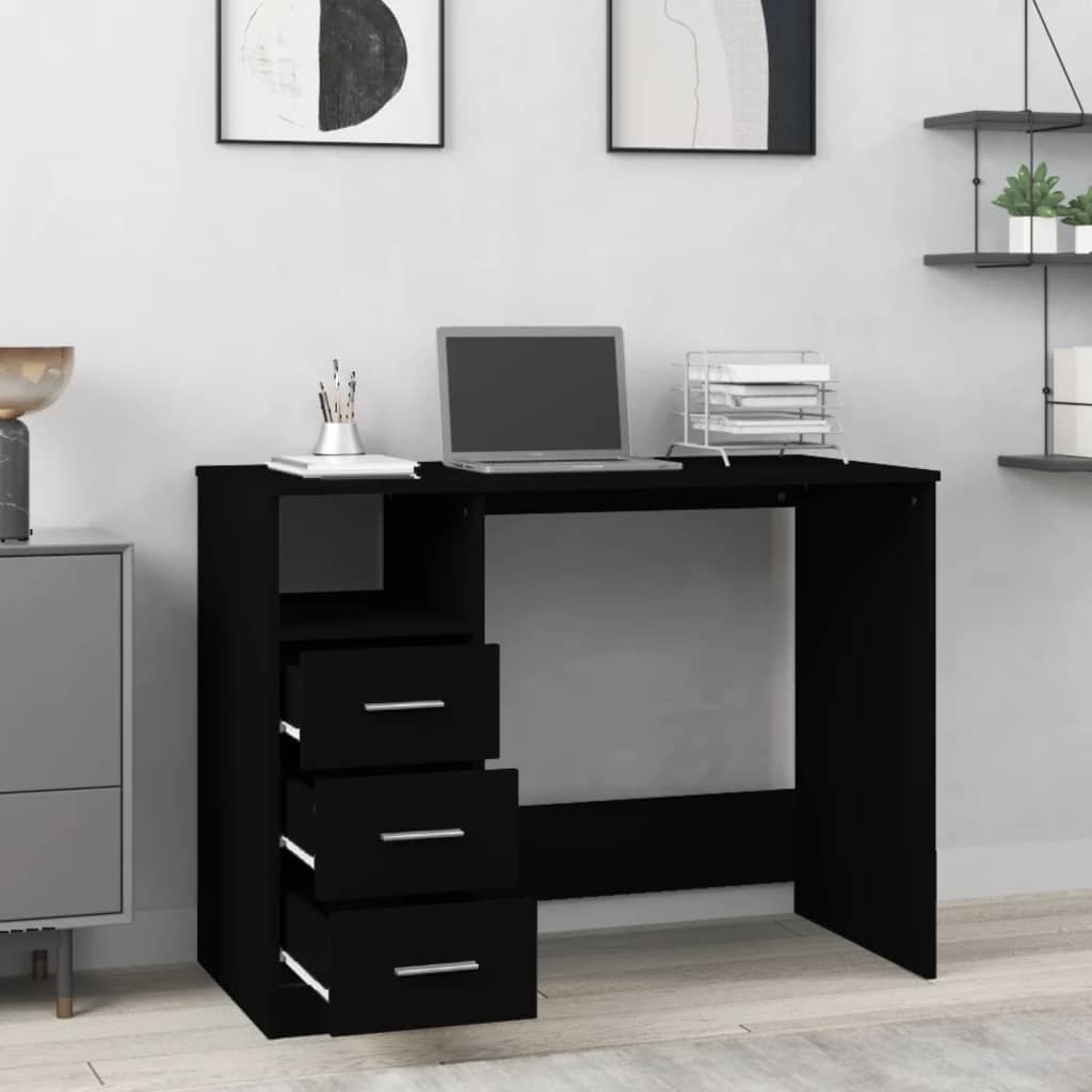 vidaXL Birou cu sertare, negru, 102x50x76 cm, lemn prelucrat vidaXL Birou cu sertare, negru, 102x50x76 cm, lemn prelucrat