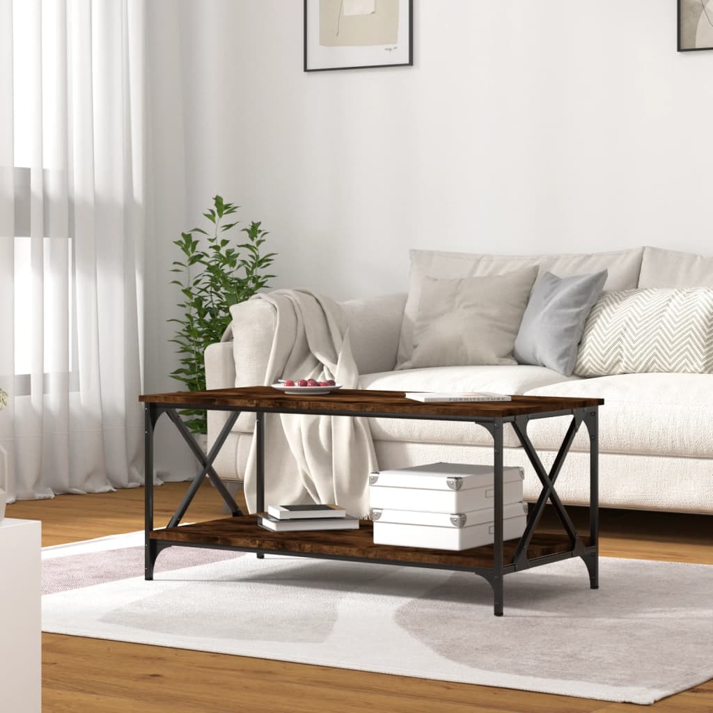 vidaXL Măsuță cafea stejar fumuriu 100x50x45 cm lemn prelucrat și fier vidaXL Măsuță cafea stejar fumuriu 100x50x45 cm lemn prelucrat și fier