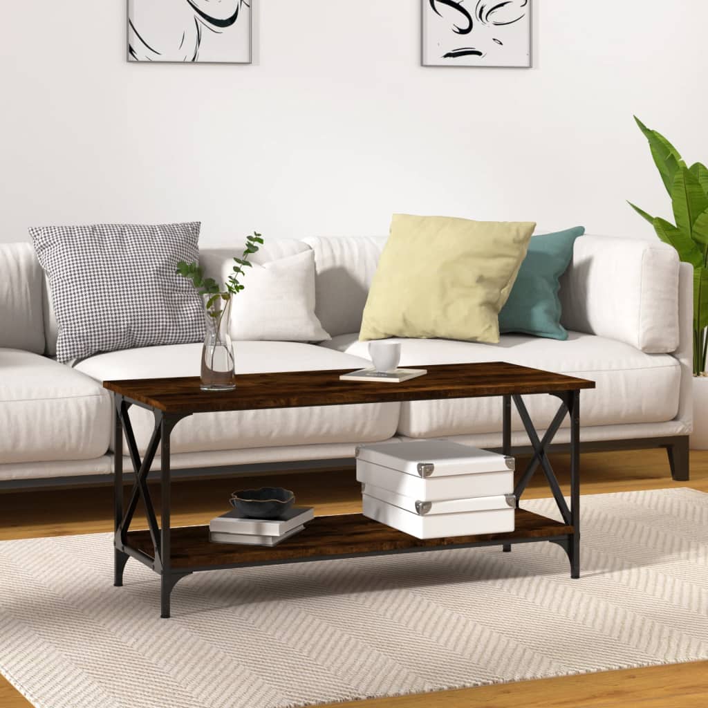vidaXL Măsuță cafea stejar fumuriu 100x45x45 cm lemn prelucrat și fier vidaXL Măsuță cafea stejar fumuriu 100x45x45 cm lemn prelucrat și fier