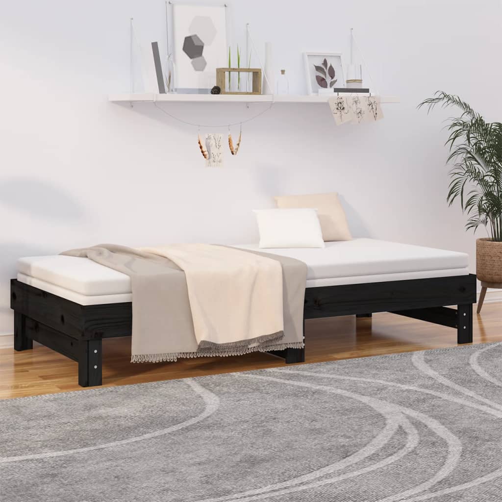 vidaXL Pat de zi extensibil, negru, 2x(90x200) cm, lemn masiv de pin