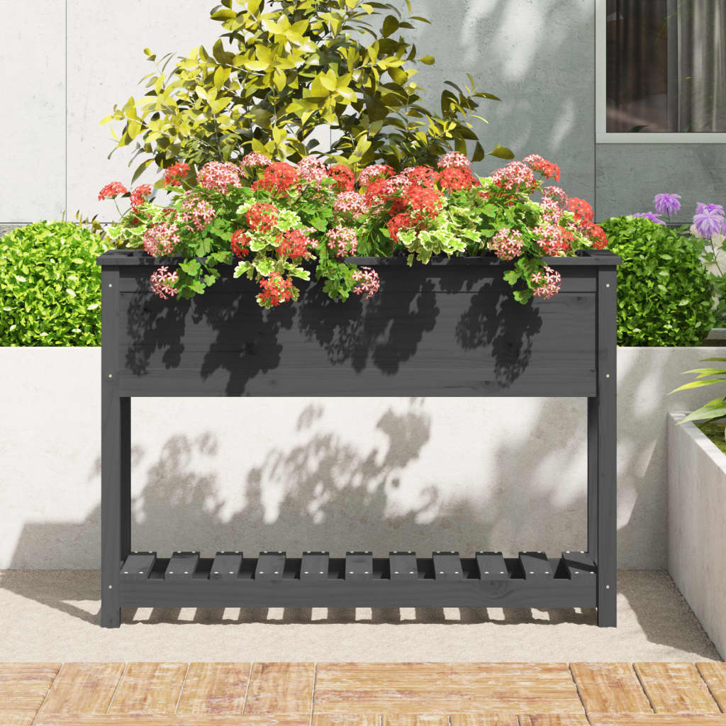 vidaXL Jardinieră cu raft, gri, 111,5x34,5x81 cm, lemn masiv de pin