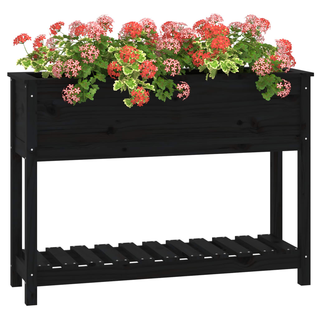 vidaXL Jardinieră cu raft, negru, 111,5x34,5x81 cm, lemn masiv de pin