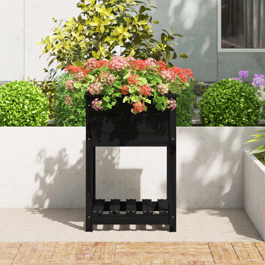 vidaXL Jardinieră cu raft, negru, 54x54x81 cm, lemn masiv de pin