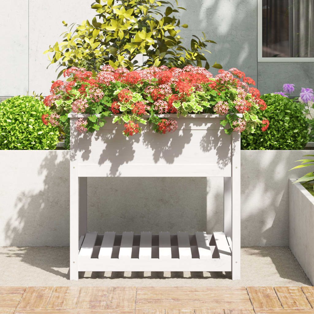 vidaXL Jardinieră cu raft, alb, 82,5x82,5x81 cm, lemn masiv de pin