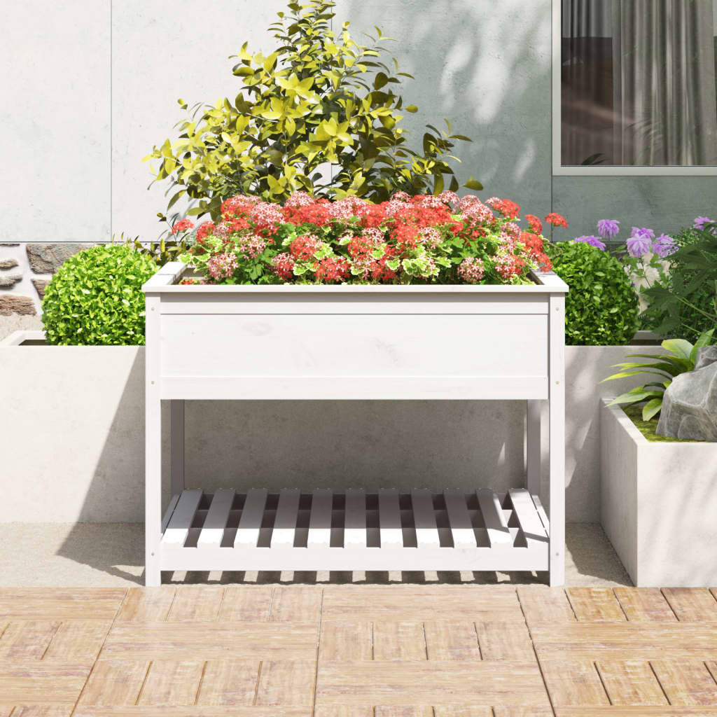 vidaXL Jardinieră cu raft, alb, 111,5x111,5x81 cm, lemn masiv de pin