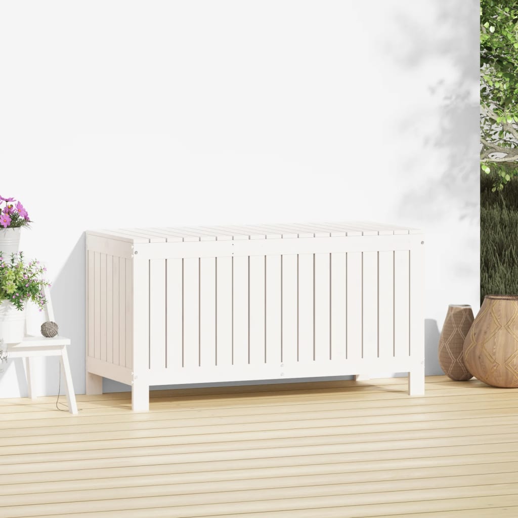 vidaXL Cutie de depozitare grădină, alb, 115x49x60 cm, lemn masiv pin vidaXL Cutie de depozitare grădină, alb, 115x49x60 cm, lemn masiv pin