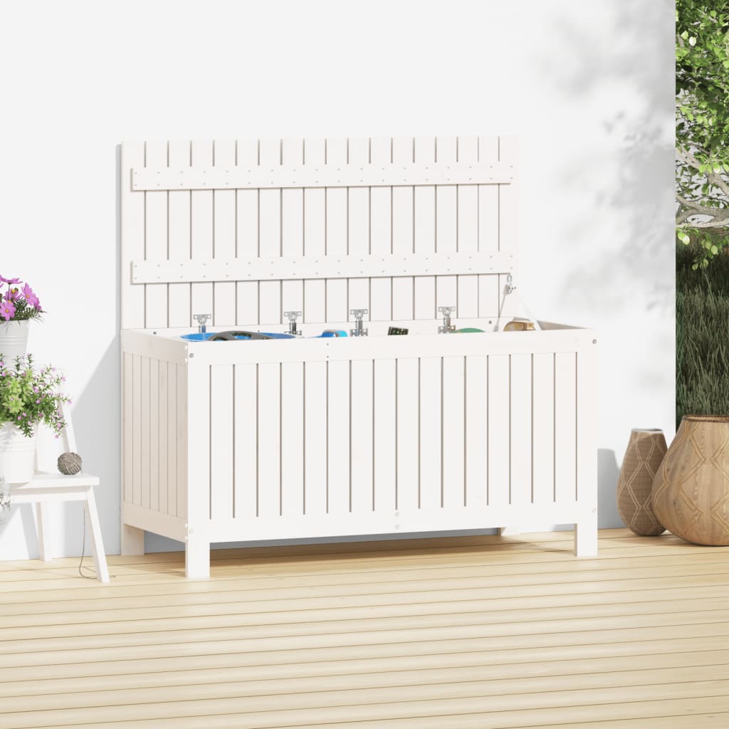 vidaXL Cutie de depozitare grădină, alb, 115x49x60 cm, lemn masiv pin vidaXL Cutie de depozitare grădină, alb, 115x49x60 cm, lemn masiv pin