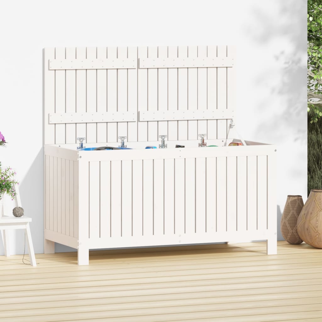 vidaXL Cutie de depozitare grădină, alb, 121x55x64 cm, lemn masiv pin vidaXL Cutie de depozitare grădină, alb, 121x55x64 cm, lemn masiv pin