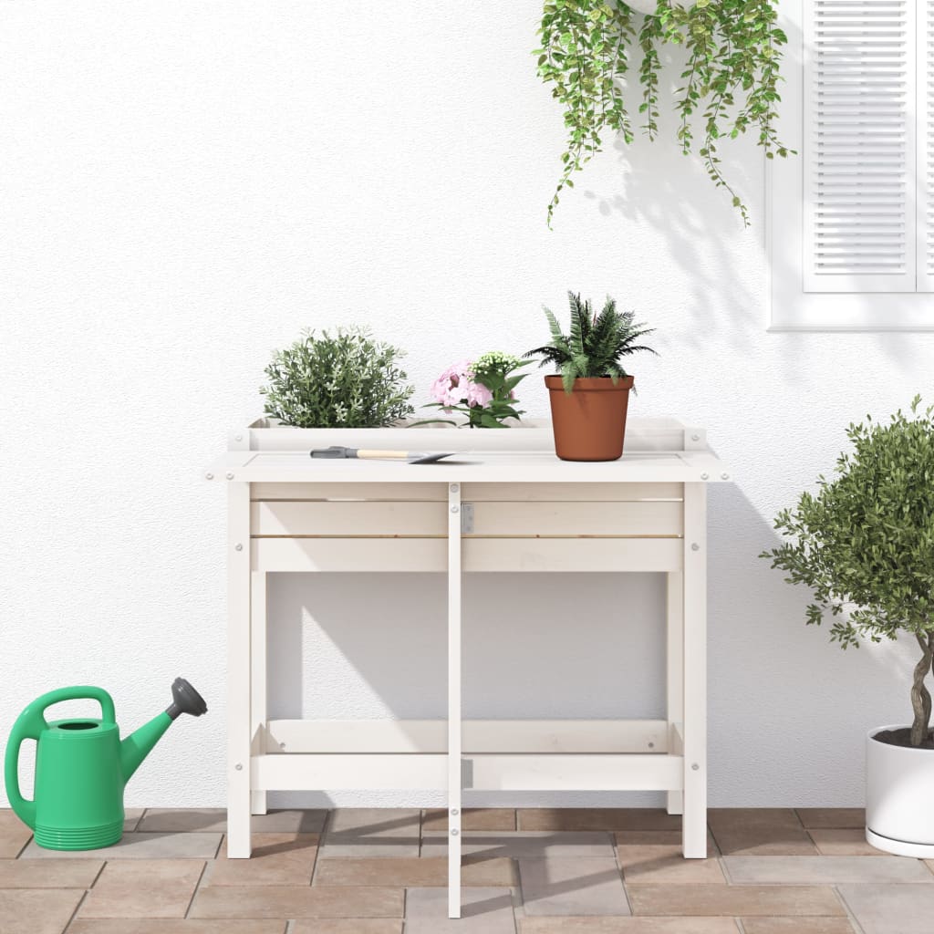 vidaXL Jardinieră de grădină cu blat pliabil alb lemn masiv pin