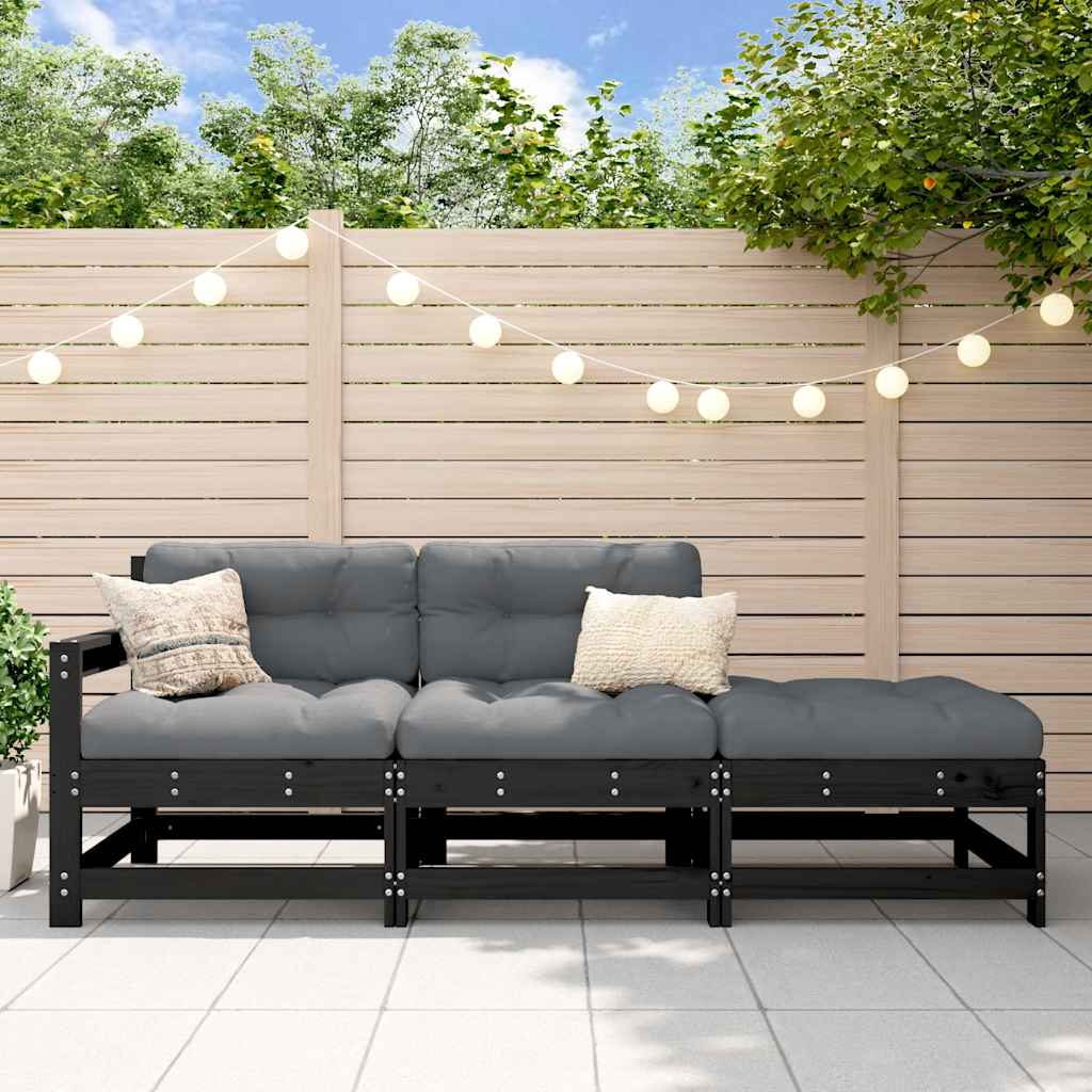 vidaXL Set mobilier de grădină cu perne, 3 piese, negru, lemn masiv vidaXL Set mobilier de grădină cu perne, 3 piese, negru, lemn masiv