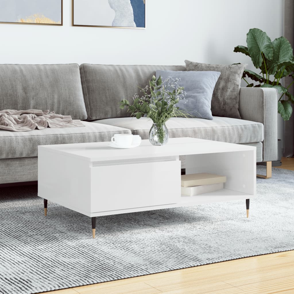 vidaXL Masă de cafea, alb extralucios, 90x60x35 cm, lemn compozit vidaXL Masă de cafea, alb extralucios, 90x60x35 cm, lemn compozit