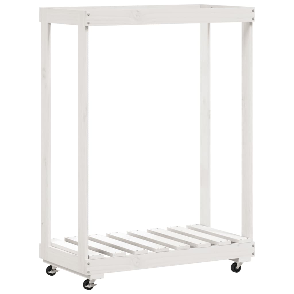vidaXL Suport de bușteni cu roți, alb, 76,5x40x108 cm, lemn masiv pin vidaXL Suport de bușteni cu roți, alb, 76,5x40x108 cm, lemn masiv pin