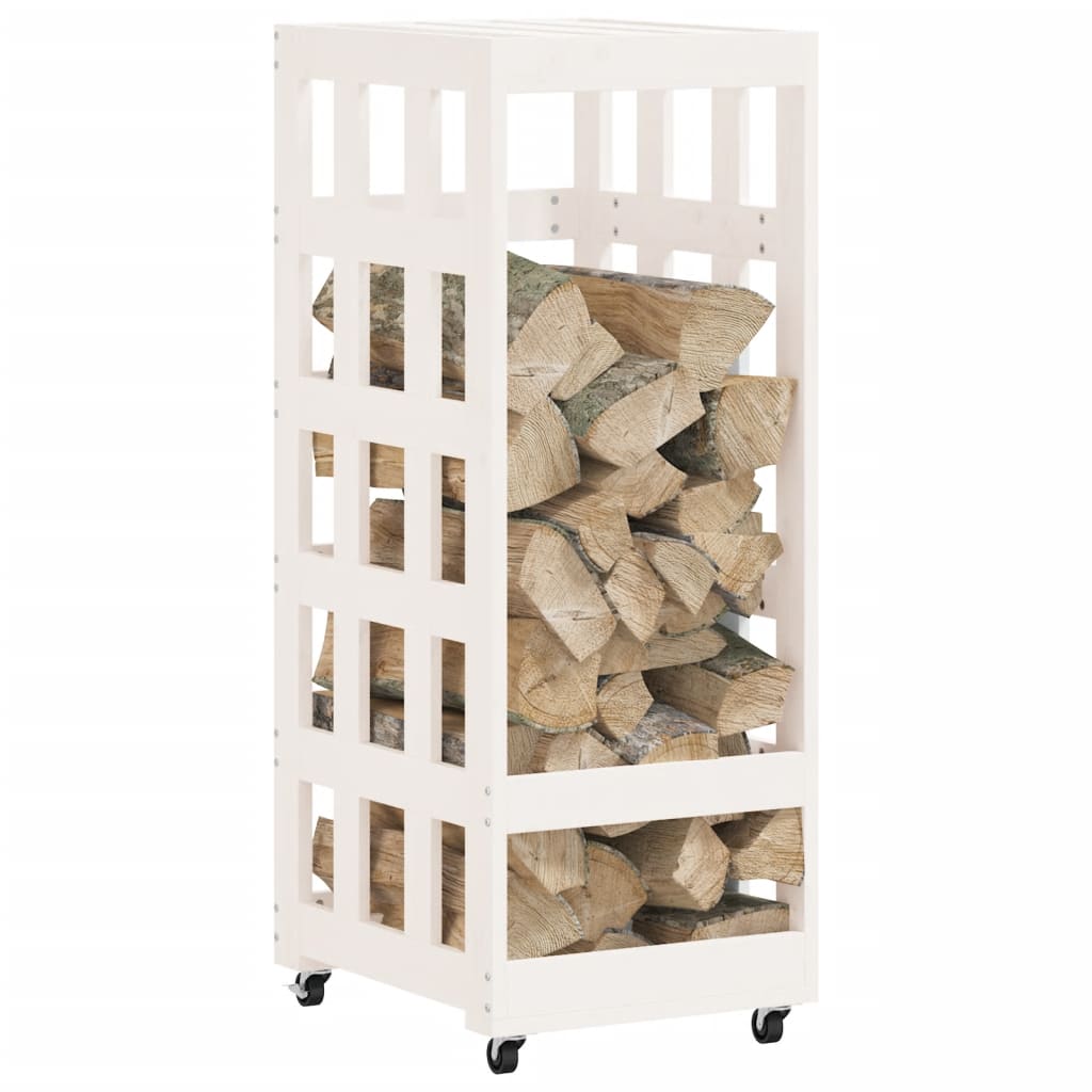 vidaXL Suport de bușteni cu roți, alb, 40x49x110 cm, lemn masiv pin