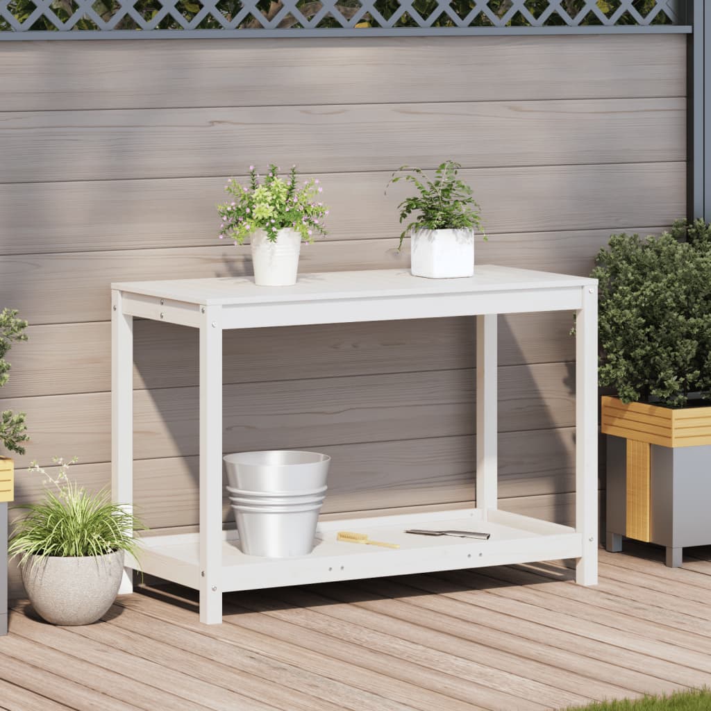 vidaXL Masă de plantare cu poliță alb 108x50x75 cm, lemn masiv de pin vidaXL Masă de plantare cu poliță alb 108x50x75 cm, lemn masiv de pin