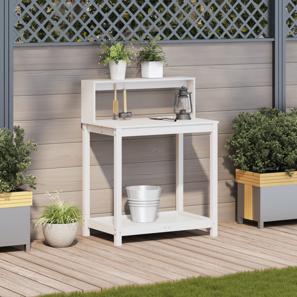 vidaXL Masă de plantare cu rafturi alb 82,5x50x109,5 cm lemn masiv pin vidaXL Masă de plantare cu rafturi alb 82,5x50x109,5 cm lemn masiv pin