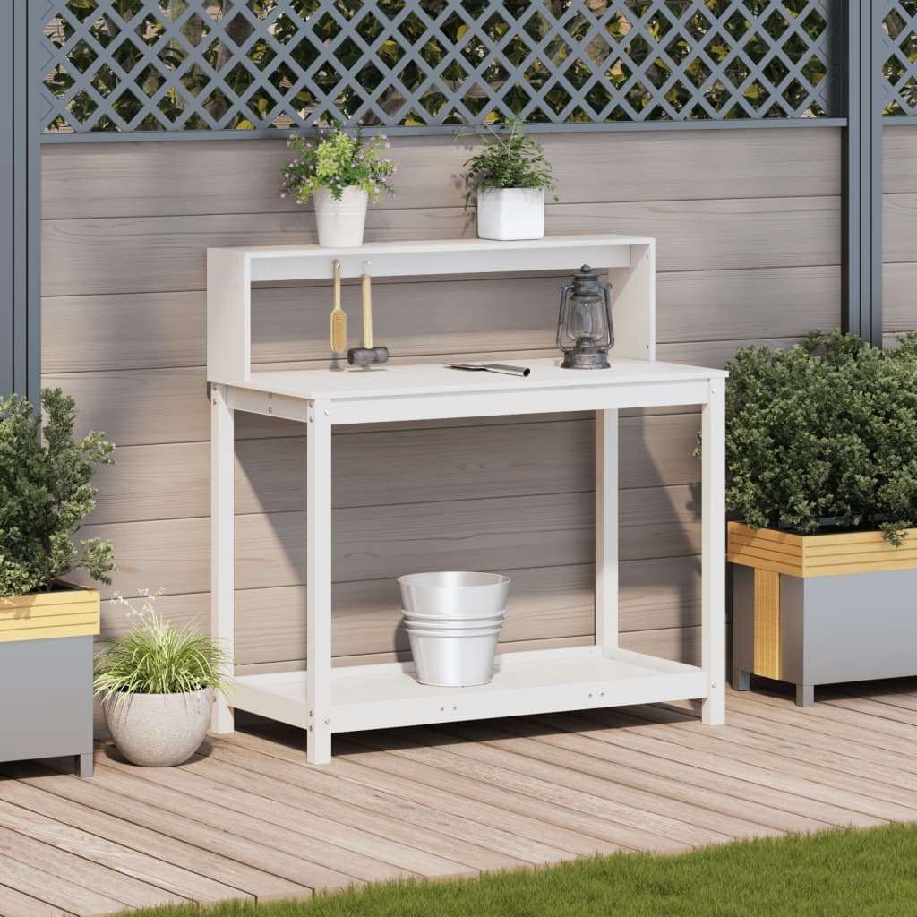 vidaXL Masă de plantare cu rafturi alb 108x50x109,5 cm lemn masiv pin vidaXL Masă de plantare cu rafturi alb 108x50x109,5 cm lemn masiv pin