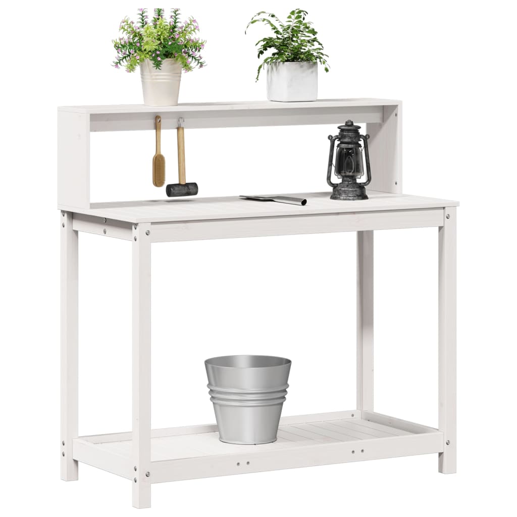vidaXL Masă de plantare cu rafturi alb 108x50x109,5 cm lemn masiv pin vidaXL Masă de plantare cu rafturi alb 108x50x109,5 cm lemn masiv pin
