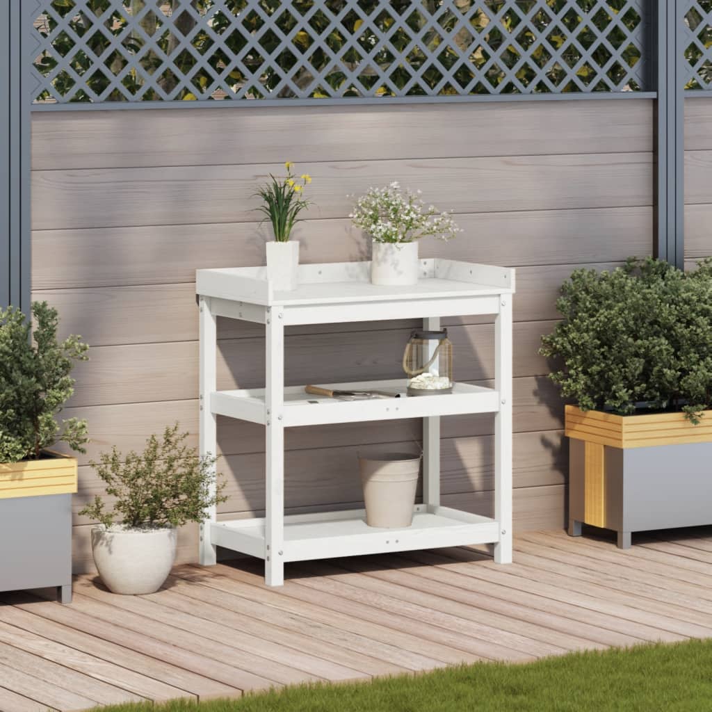 vidaXL Masă de plantare cu rafturi alb 82,5x45x86,5 cm lemn masiv pin vidaXL Masă de plantare cu rafturi alb 82,5x45x86,5 cm lemn masiv pin