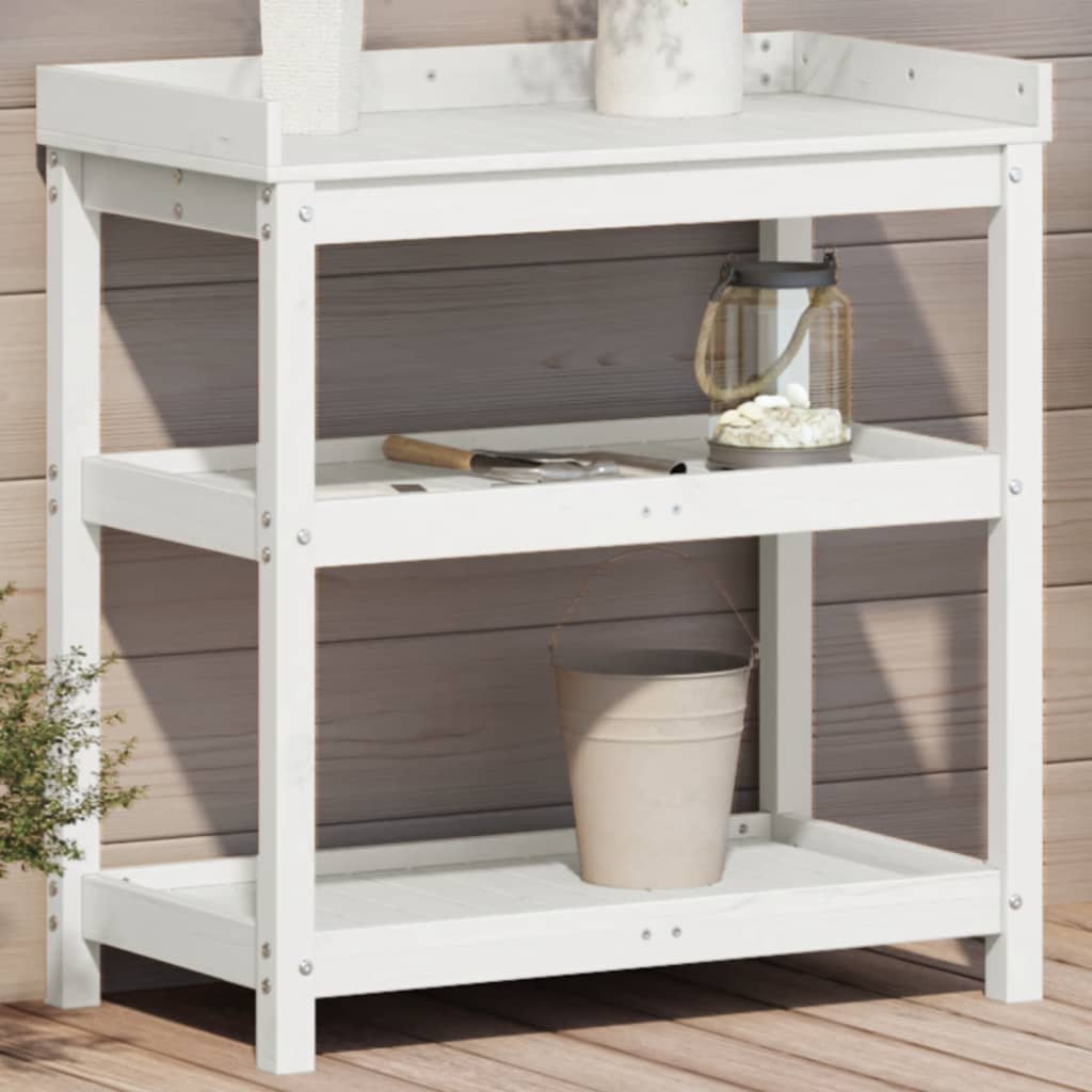 vidaXL Masă de plantare cu rafturi alb 82,5x45x86,5 cm lemn masiv pin vidaXL Masă de plantare cu rafturi alb 82,5x45x86,5 cm lemn masiv pin