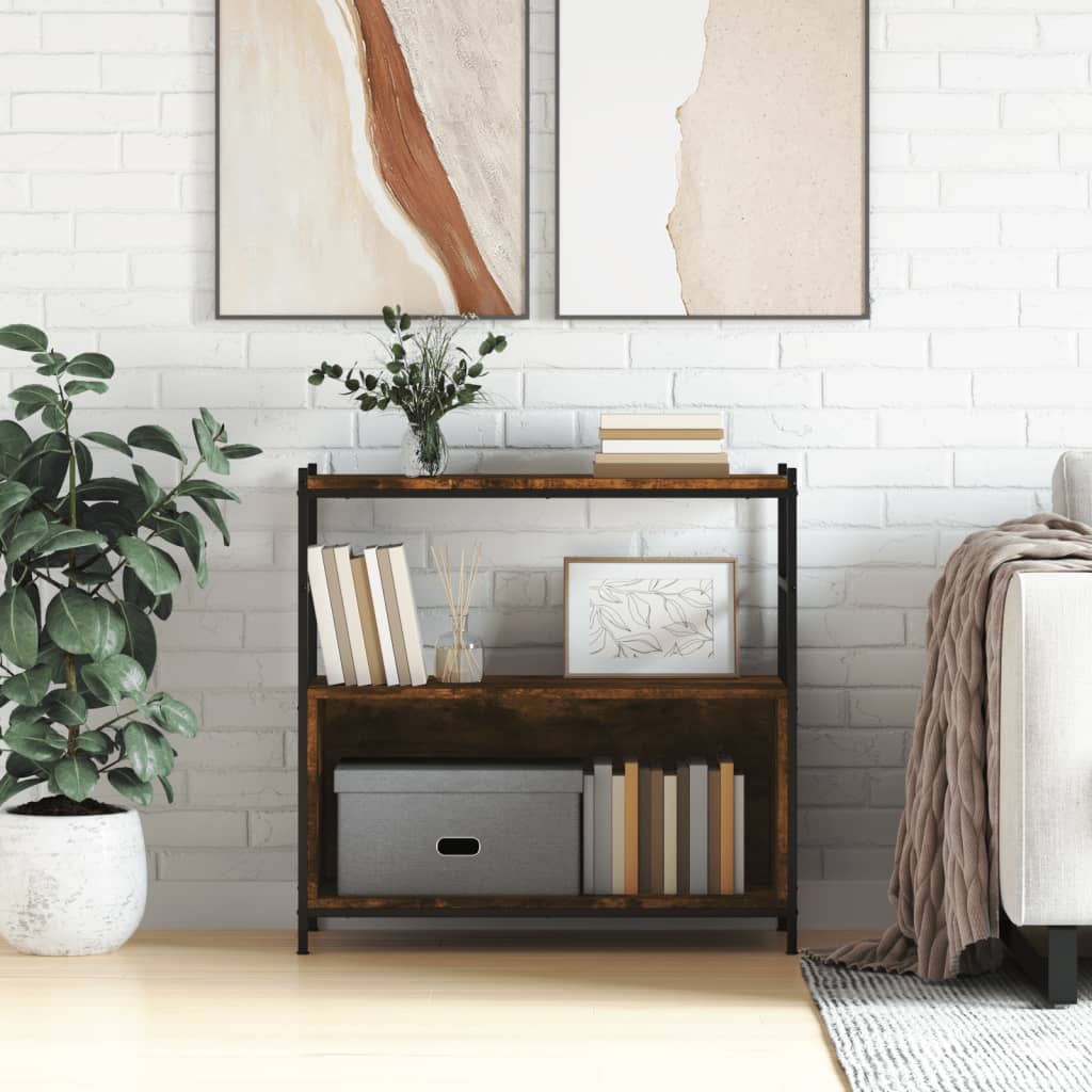 vidaXL Raft de cărți stejar afumat 80x30x78,5cm lemn prelucrat și fier vidaXL Raft de cărți stejar afumat 80x30x78,5cm lemn prelucrat și fier