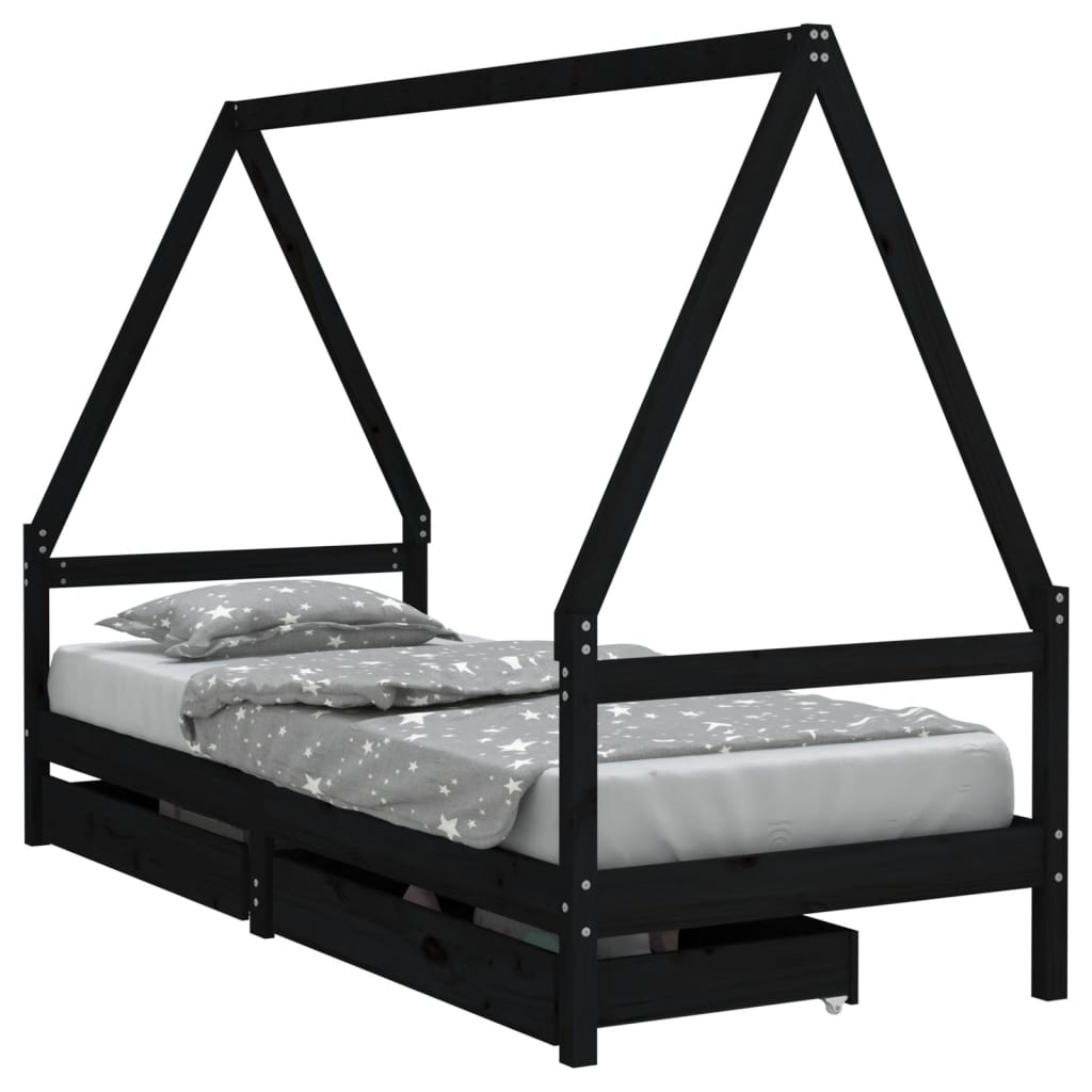 vidaXL Cadru de pat copii cu sertare, negru, 90x200 cm, lemn masiv pin vidaXL Cadru de pat copii cu sertare, negru, 90x200 cm, lemn masiv pin