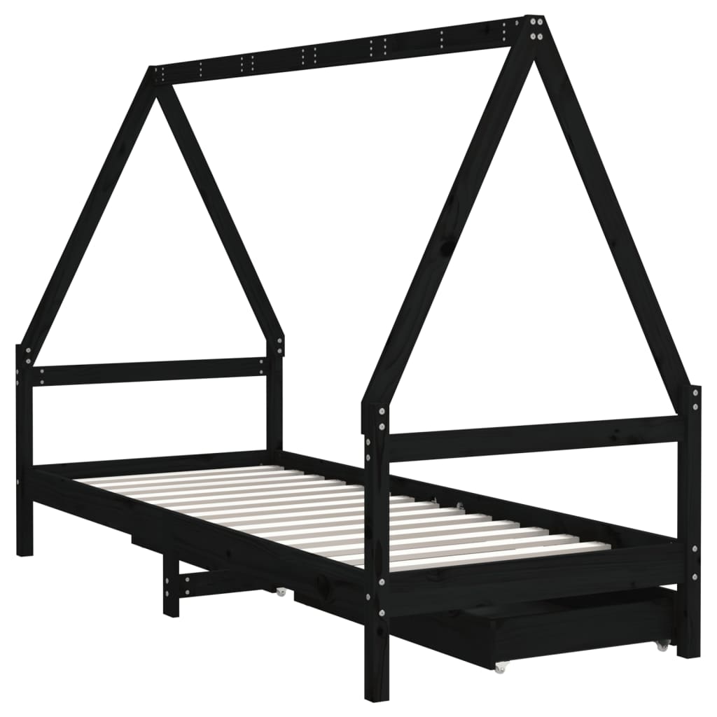 vidaXL Cadru de pat copii cu sertare, negru, 90x200 cm, lemn masiv pin vidaXL Cadru de pat copii cu sertare, negru, 90x200 cm, lemn masiv pin