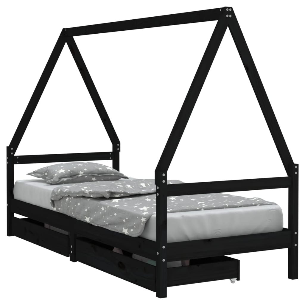 vidaXL Cadru de pat copii cu sertare, negru, 90x190 cm, lemn masiv pin vidaXL Cadru de pat copii cu sertare, negru, 90x190 cm, lemn masiv pin