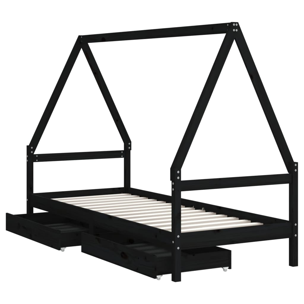 vidaXL Cadru de pat copii cu sertare, negru, 90x190 cm, lemn masiv pin vidaXL Cadru de pat copii cu sertare, negru, 90x190 cm, lemn masiv pin