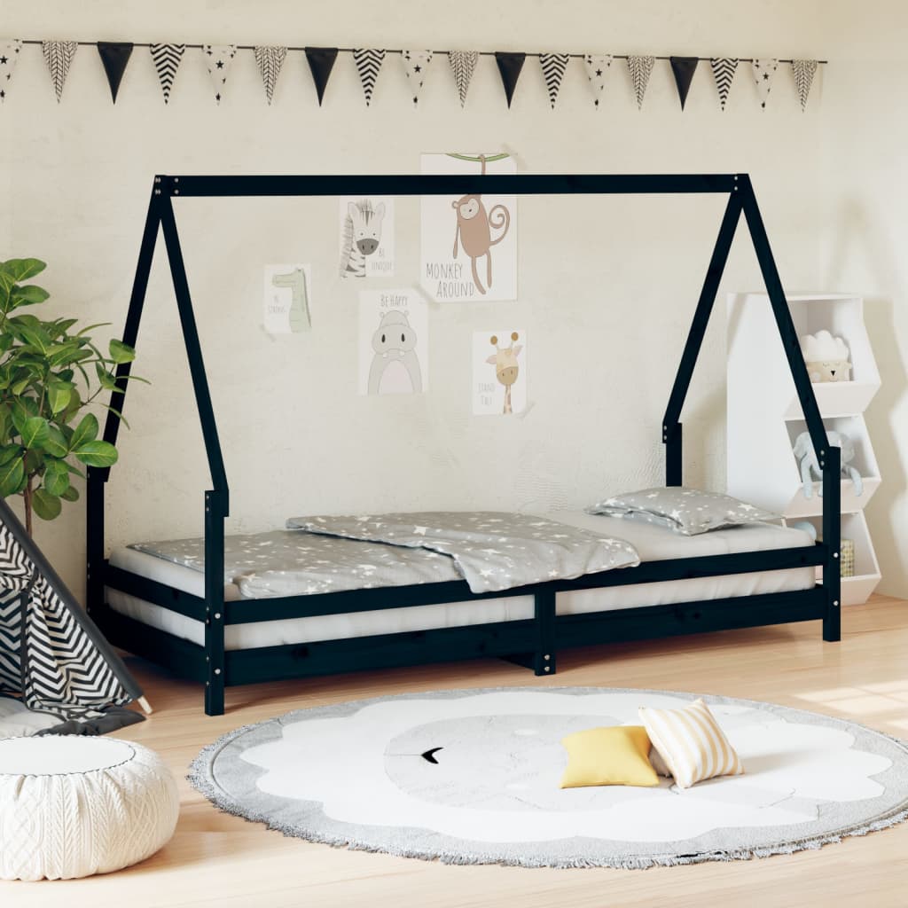 vidaXL Cadru pat pentru copii, negru, 90x200 cm, lemn masiv de pin vidaXL Cadru pat pentru copii, negru, 90x200 cm, lemn masiv de pin