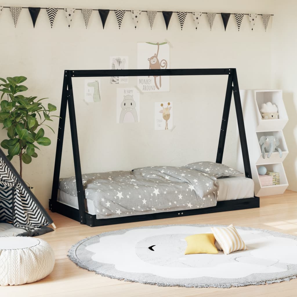 vidaXL Cadru de pat pentru copii, negru, 80x160 cm, lemn masiv de pin vidaXL Cadru de pat pentru copii, negru, 80x160 cm, lemn masiv de pin