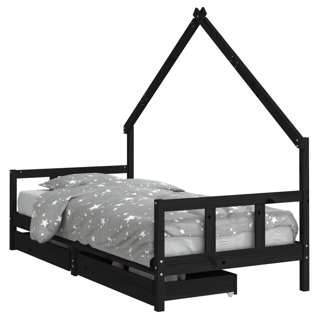 vidaXL Cadru de pat copii cu sertare, negru, 90x200 cm, lemn masiv pin vidaXL Cadru de pat copii cu sertare, negru, 90x200 cm, lemn masiv pin