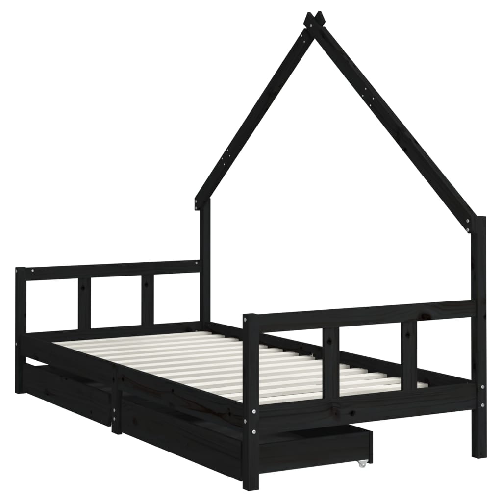 vidaXL Cadru de pat copii cu sertare, negru, 90x200 cm, lemn masiv pin vidaXL Cadru de pat copii cu sertare, negru, 90x200 cm, lemn masiv pin
