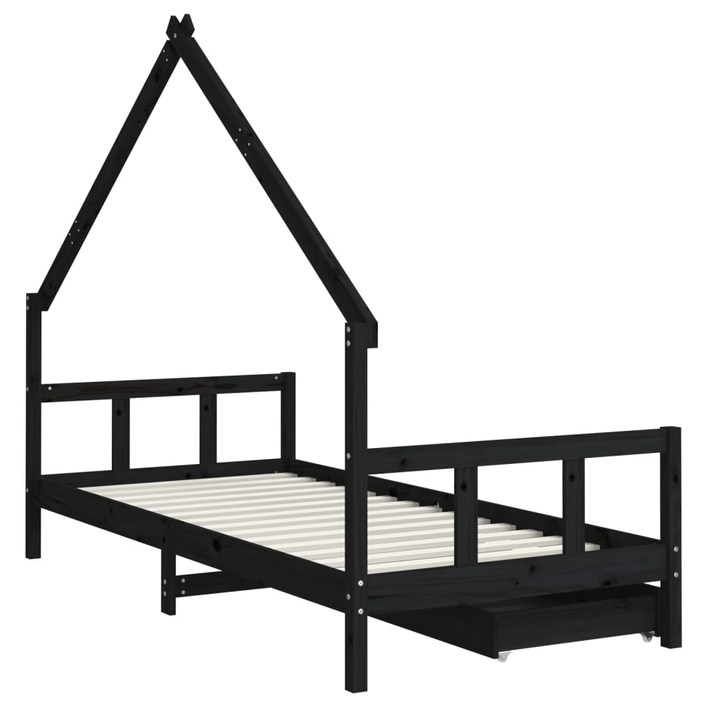 vidaXL Cadru de pat copii cu sertare, negru, 90x200 cm, lemn masiv pin vidaXL Cadru de pat copii cu sertare, negru, 90x200 cm, lemn masiv pin