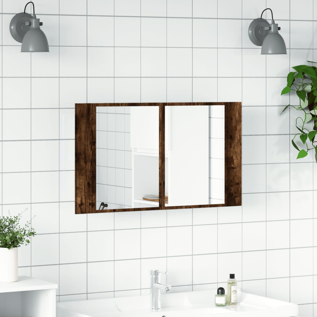 vidaXL Dulap de baie cu oglindă și LED, stejar fumuriu, 80x12x45 acril vidaXL Dulap de baie cu oglindă și LED, stejar fumuriu, 80x12x45 acril