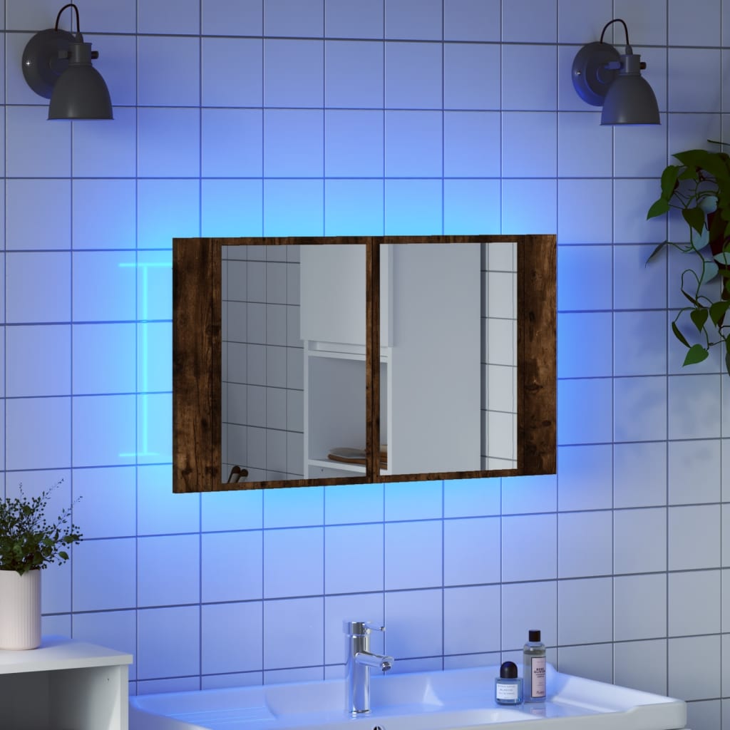 vidaXL Dulap de baie cu oglindă și LED, stejar fumuriu, 80x12x45 acril vidaXL Dulap de baie cu oglindă și LED, stejar fumuriu, 80x12x45 acril