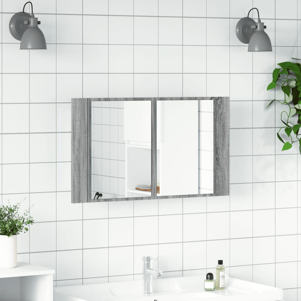 vidaXL Dulap de baie cu oglindă și LED, gri sonoma, 80x12x45 cm, acril vidaXL Dulap de baie cu oglindă și LED, gri sonoma, 80x12x45 cm, acril