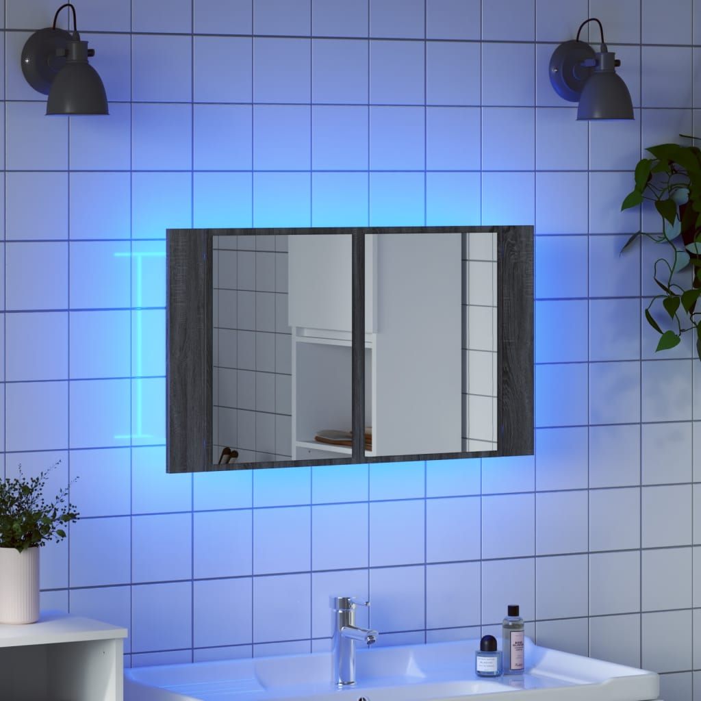 vidaXL Dulap de baie cu oglindă și LED, gri sonoma, 80x12x45 cm, acril vidaXL Dulap de baie cu oglindă și LED, gri sonoma, 80x12x45 cm, acril